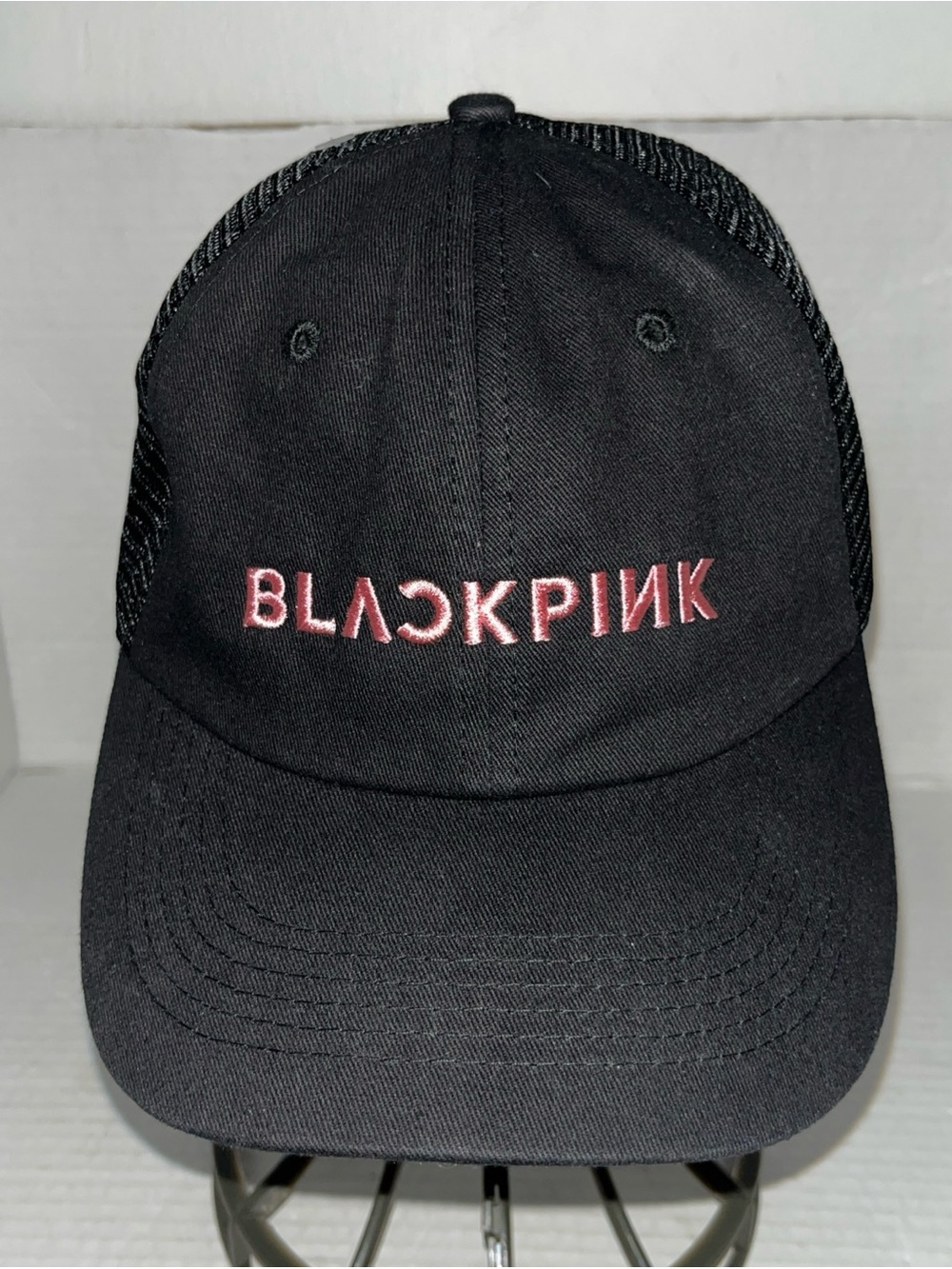 Black Mesh-Back Baseball Cap with Pink Embroidery